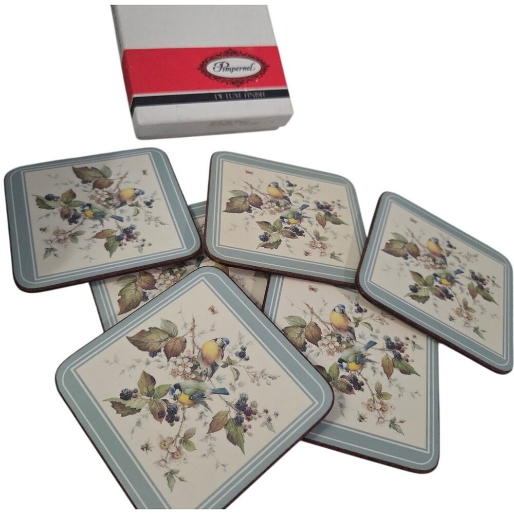 Vtg Set 6 Original PIMPERNEL Coasters Blue Birds and Berries Cottage Core